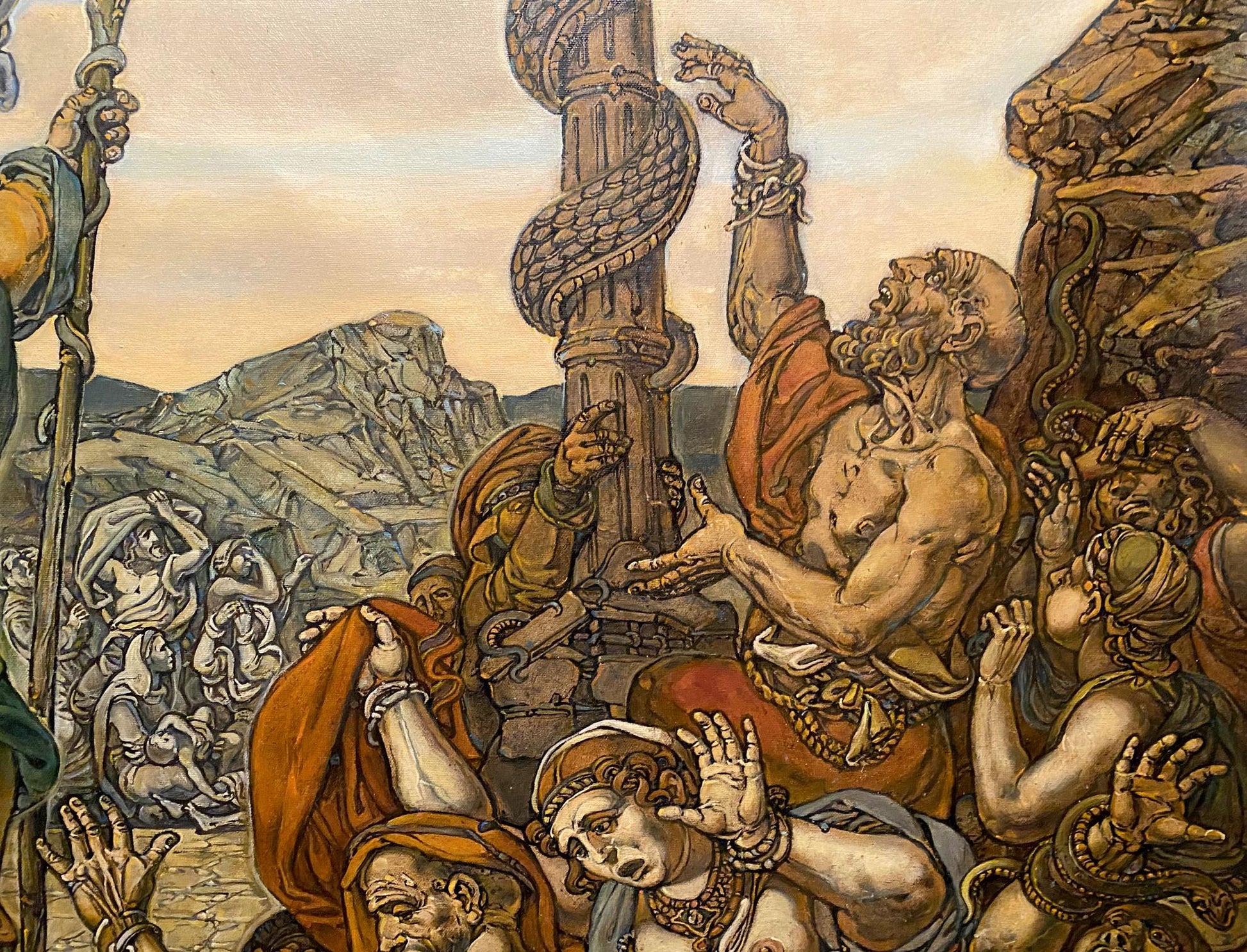 Oil painting of muscular man in red robe reaching anguished toward serpent pillar by Litvinov Oleg Arkad’yevich