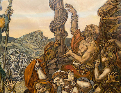 Oil painting of muscular man in red robe reaching anguished toward serpent pillar by Litvinov Oleg Arkad’yevich