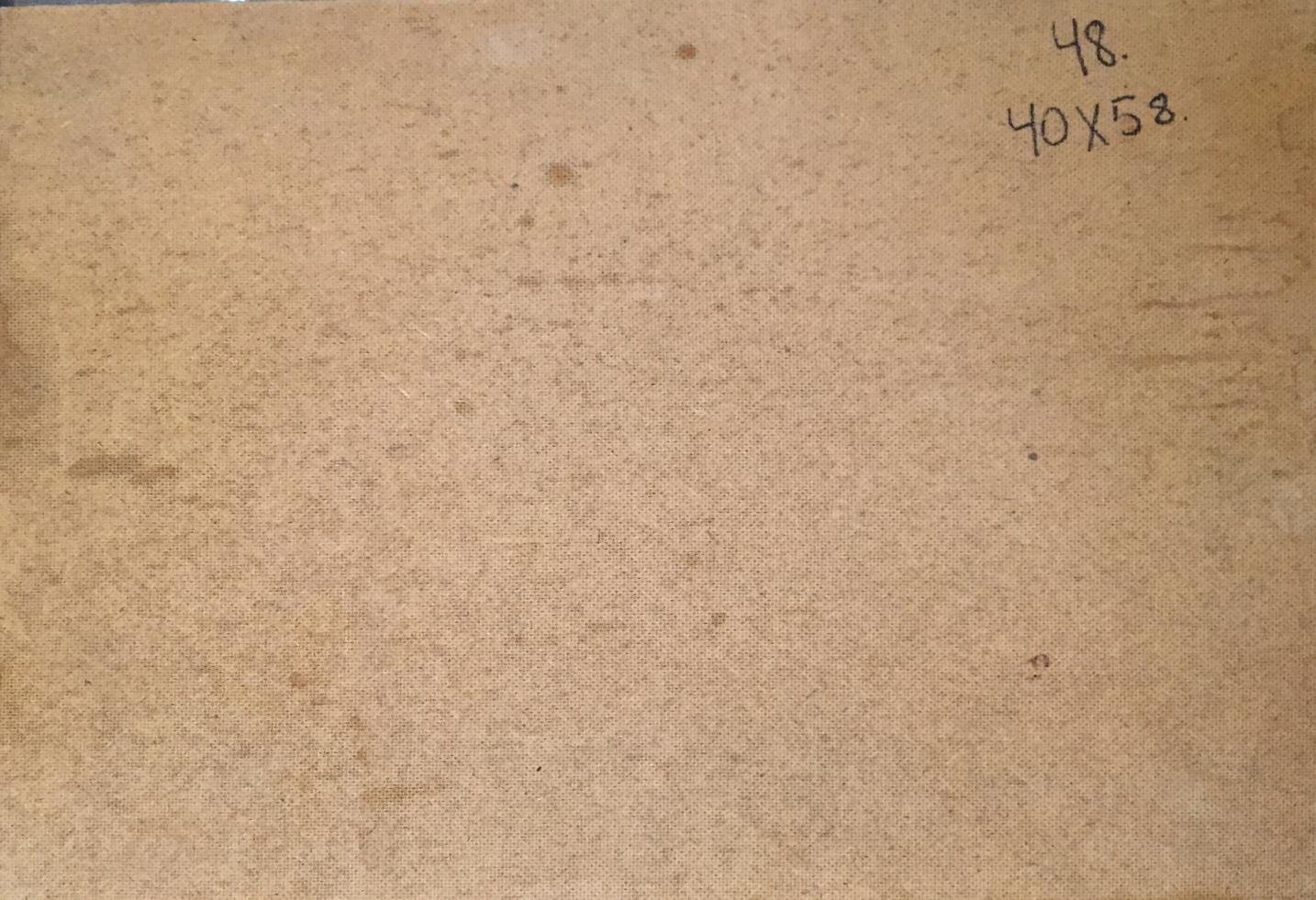 Back of oil painting Lake in a forest park with beige textured cardboard and handwritten markings
