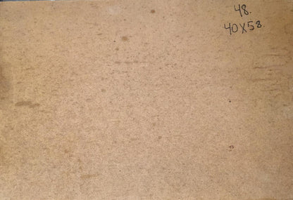 Back of oil painting Lake in a forest park with beige textured cardboard and handwritten markings