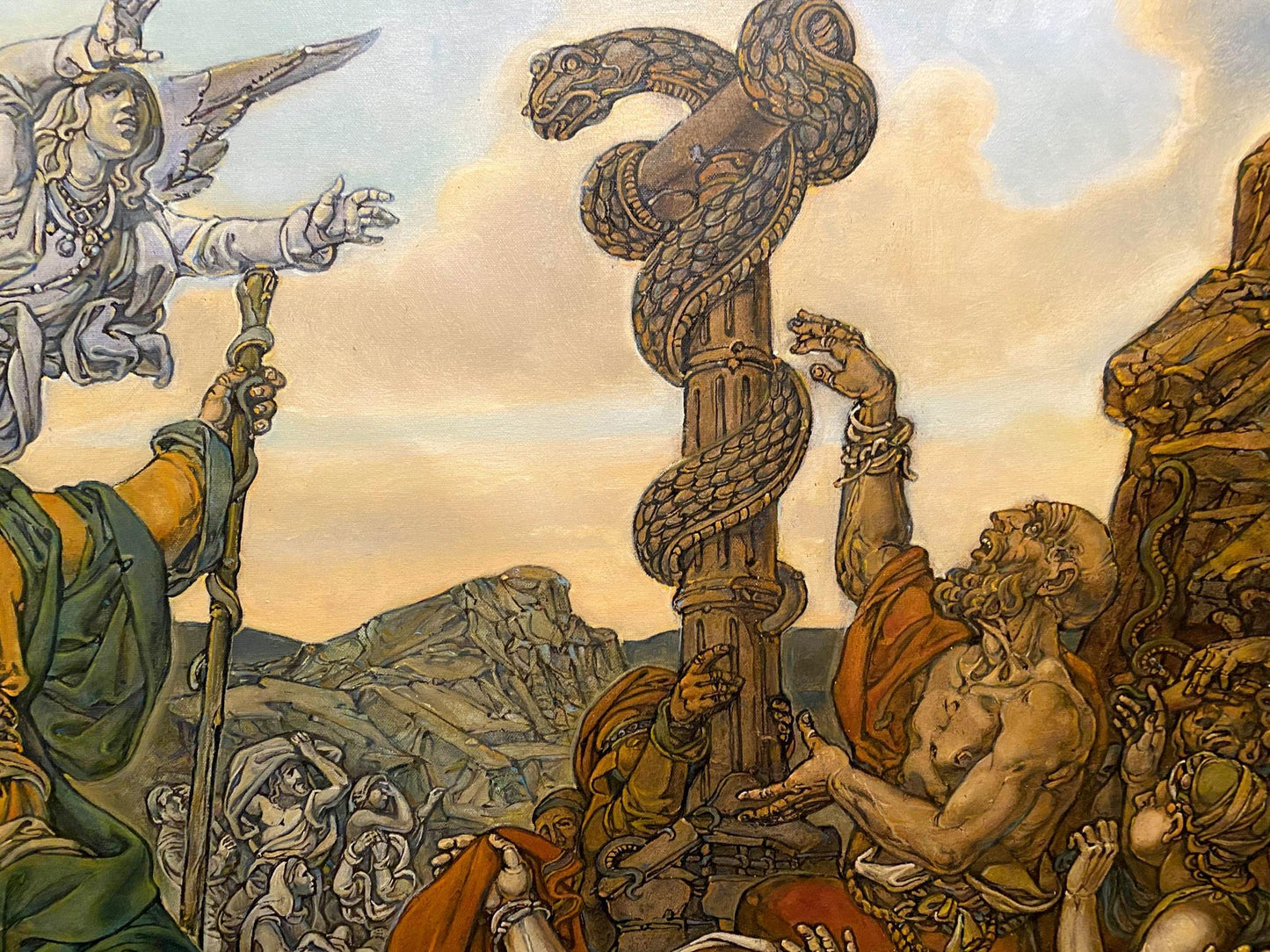 Oil painting of Brazen Serpent by Litvinov Oleg Arkad’yevich, serpents on stone column