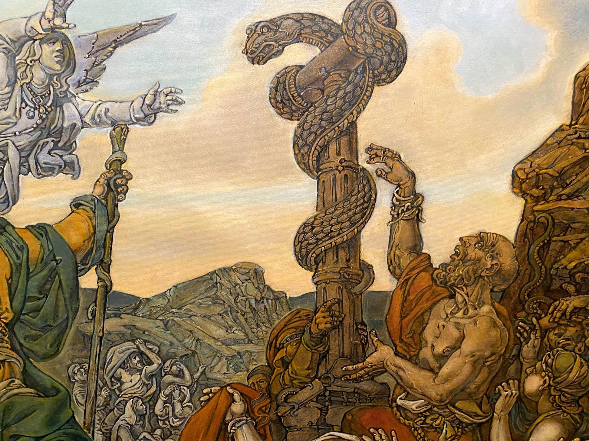 Oil painting of Brazen Serpent by Litvinov Oleg Arkad’yevich, serpents on stone column