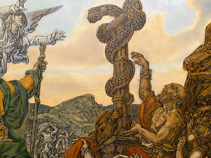 Oil painting of Brazen Serpent by Litvinov Oleg Arkad’yevich, serpents on stone column
