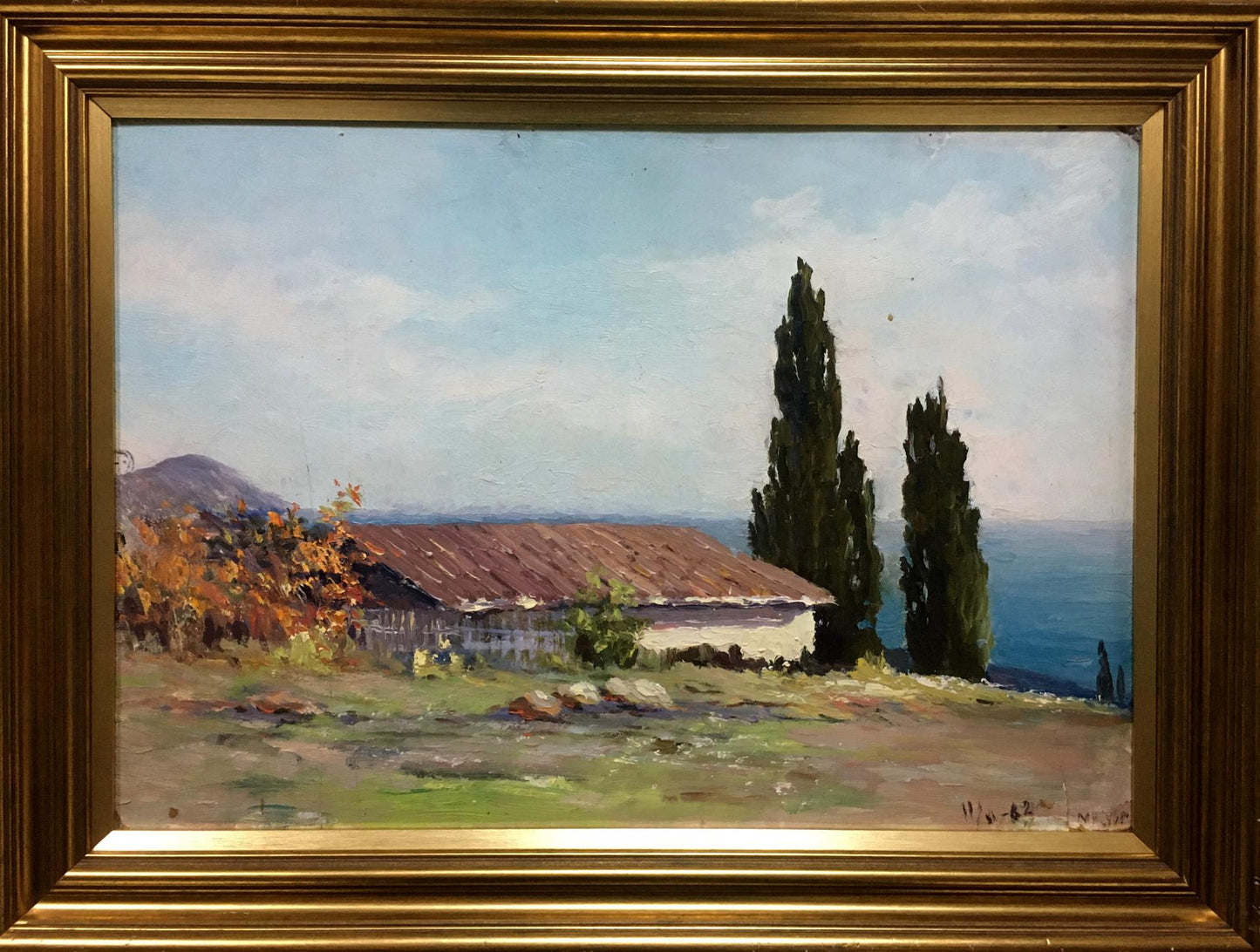Framed oil painting of Bronstein Mark Emmanuilovich House on the hill with cypress trees