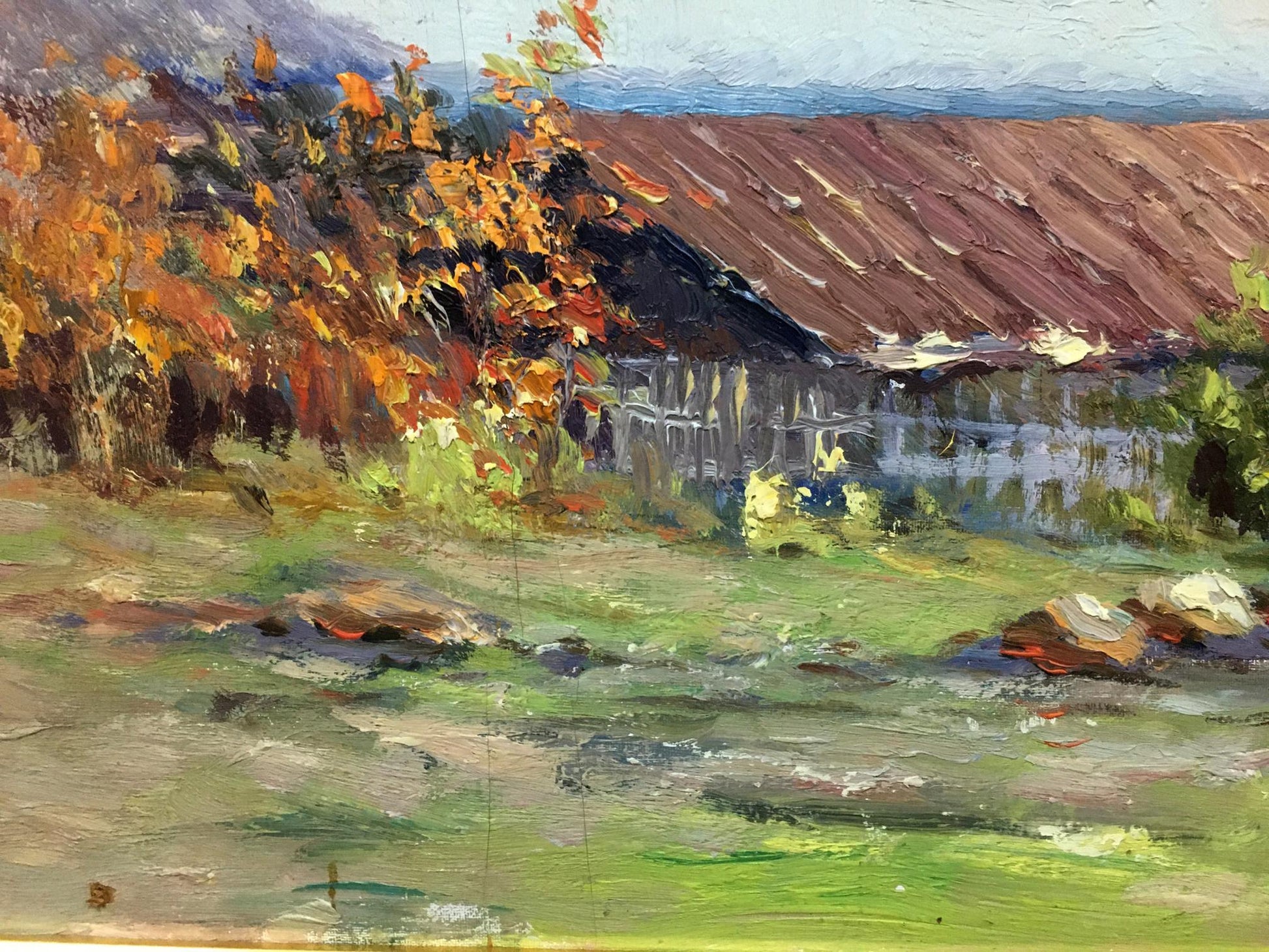 Oil painting by Bronstein Mark Emmanuilovich: house on hill with autumn foliage
