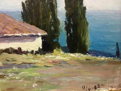Oil painting by Bronstein Mark Emmanuilovich: house on hill with cypress trees