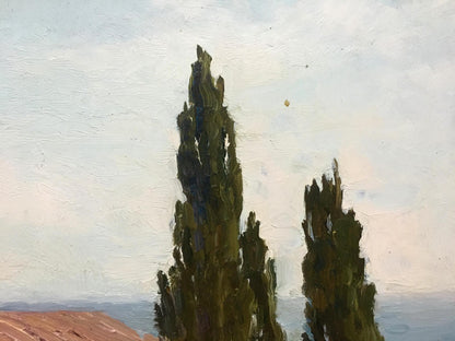 Impressionistic oil painting by Bronstein Mark Emmanuilovich: tall cypress trees on hill