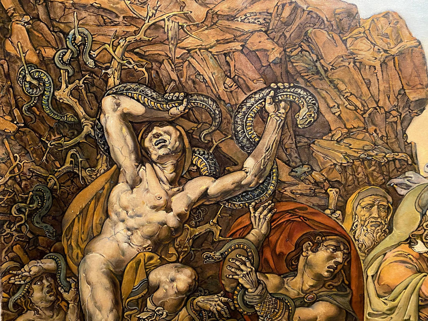 Dramatic oil painting by Litvinov Oleg Arkad’yevich: muscular nude man in agony entangled by serpents