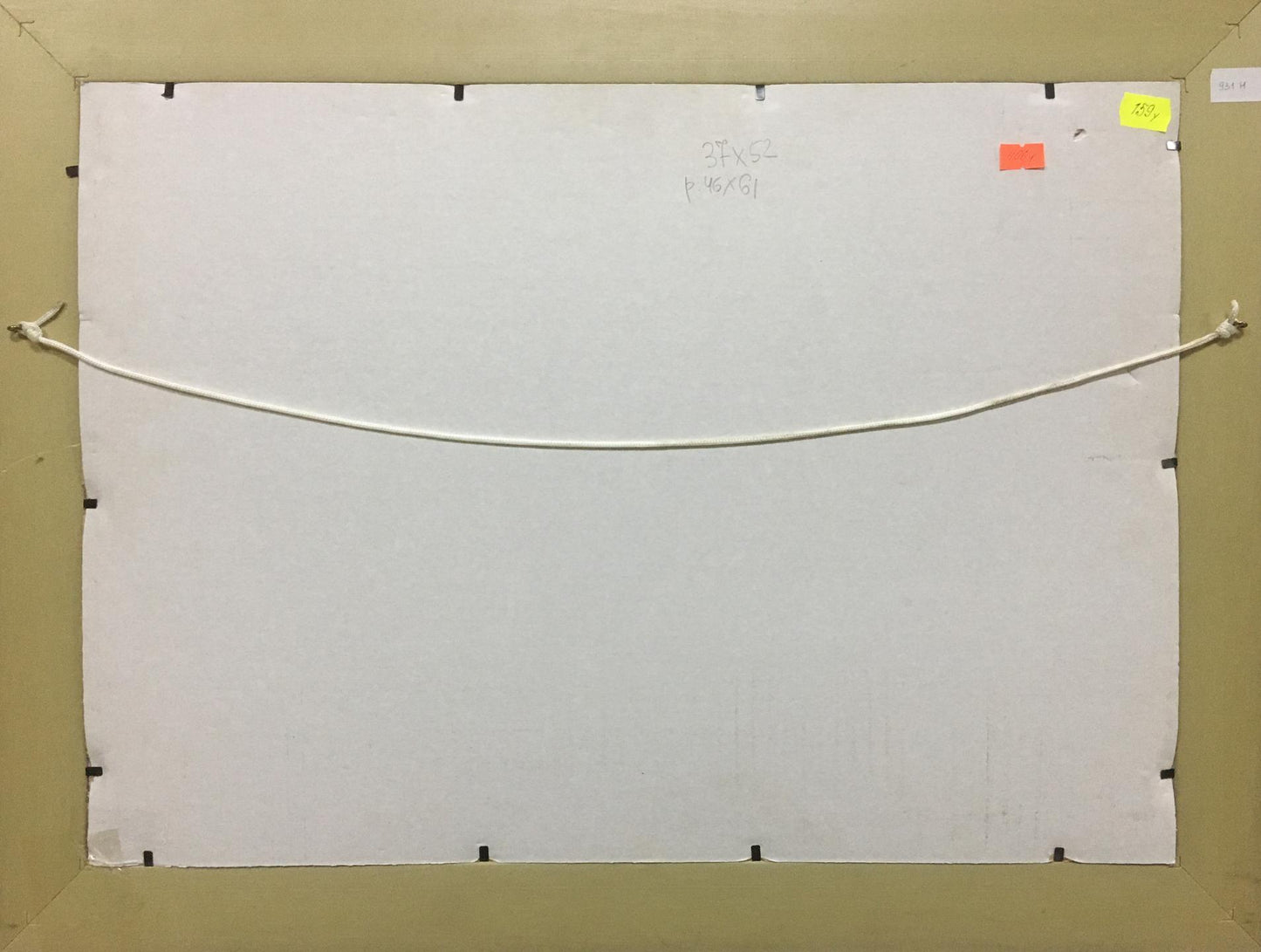 Back of Oil painting Bronstein Mark Emmanuilovich House on the hill with white canvas black corner fasteners and hanging wire