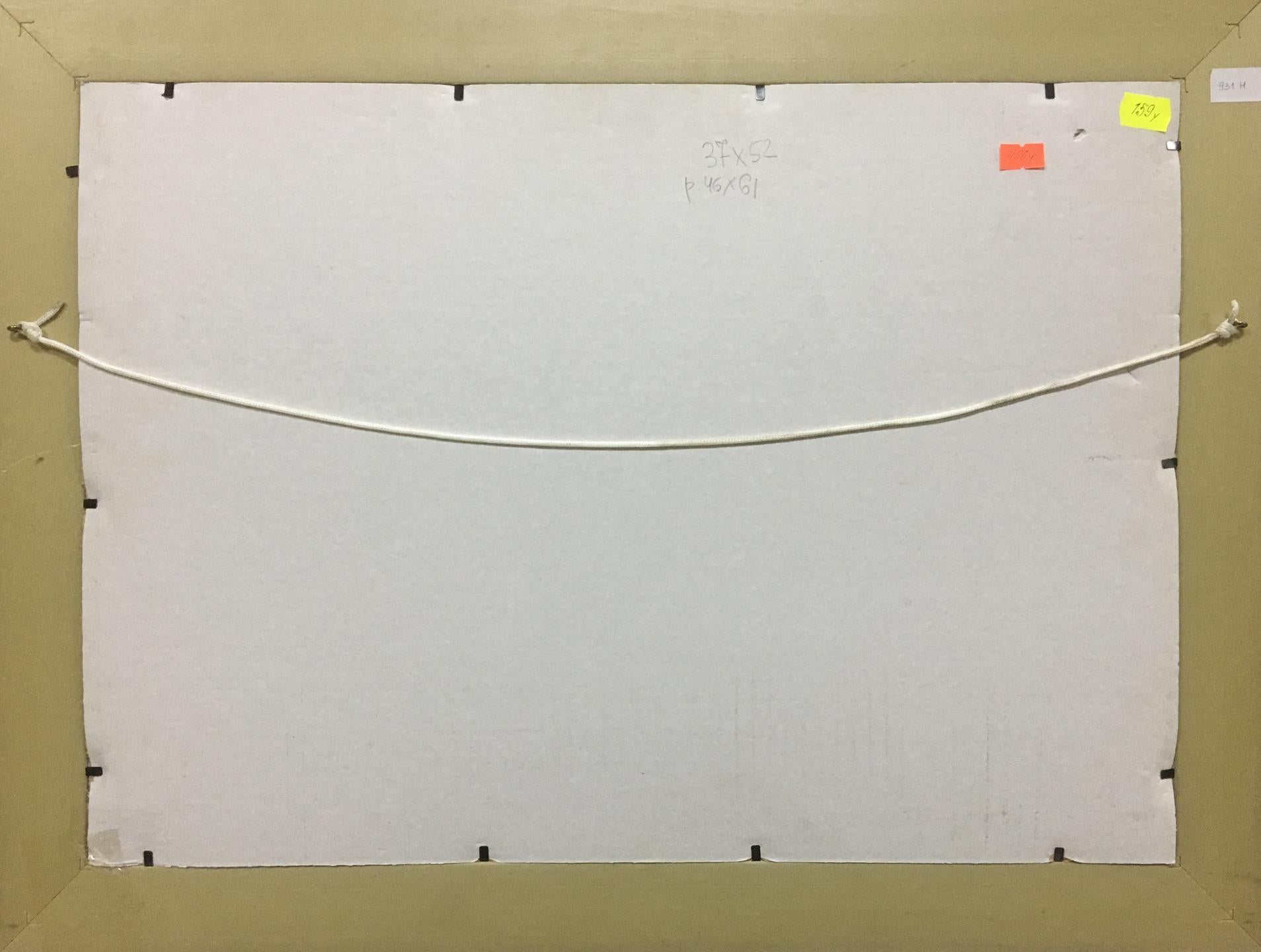 Back of Oil painting Bronstein Mark Emmanuilovich House on the hill with white canvas black corner fasteners and hanging wire