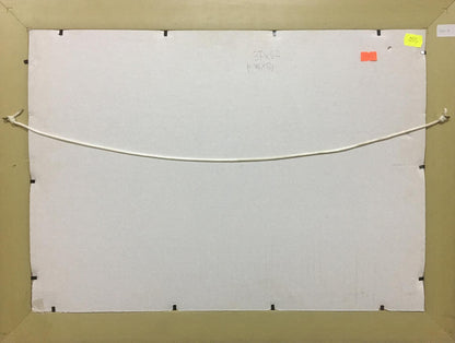 Back of Oil painting Bronstein Mark Emmanuilovich House on the hill with white canvas black corner fasteners and hanging wire