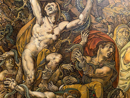 Oil painting Brazen Serpent by Litvinov Oleg Arkadyevich, muscular nude male with golden cloak