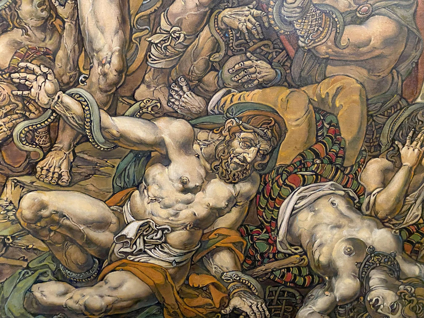 Oil painting Brazen Serpent by Litvinov Oleg Arkad’yevich: muscular bearded warrior in battle