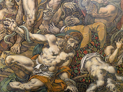 Oil painting Brazen Serpent by Litvinov Oleg Arkad’yevich: muscular bearded warrior in battle