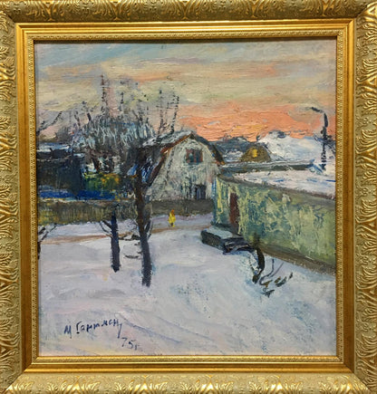 Framed impressionist oil painting of snowy village street by Gantman Moses Faybovich