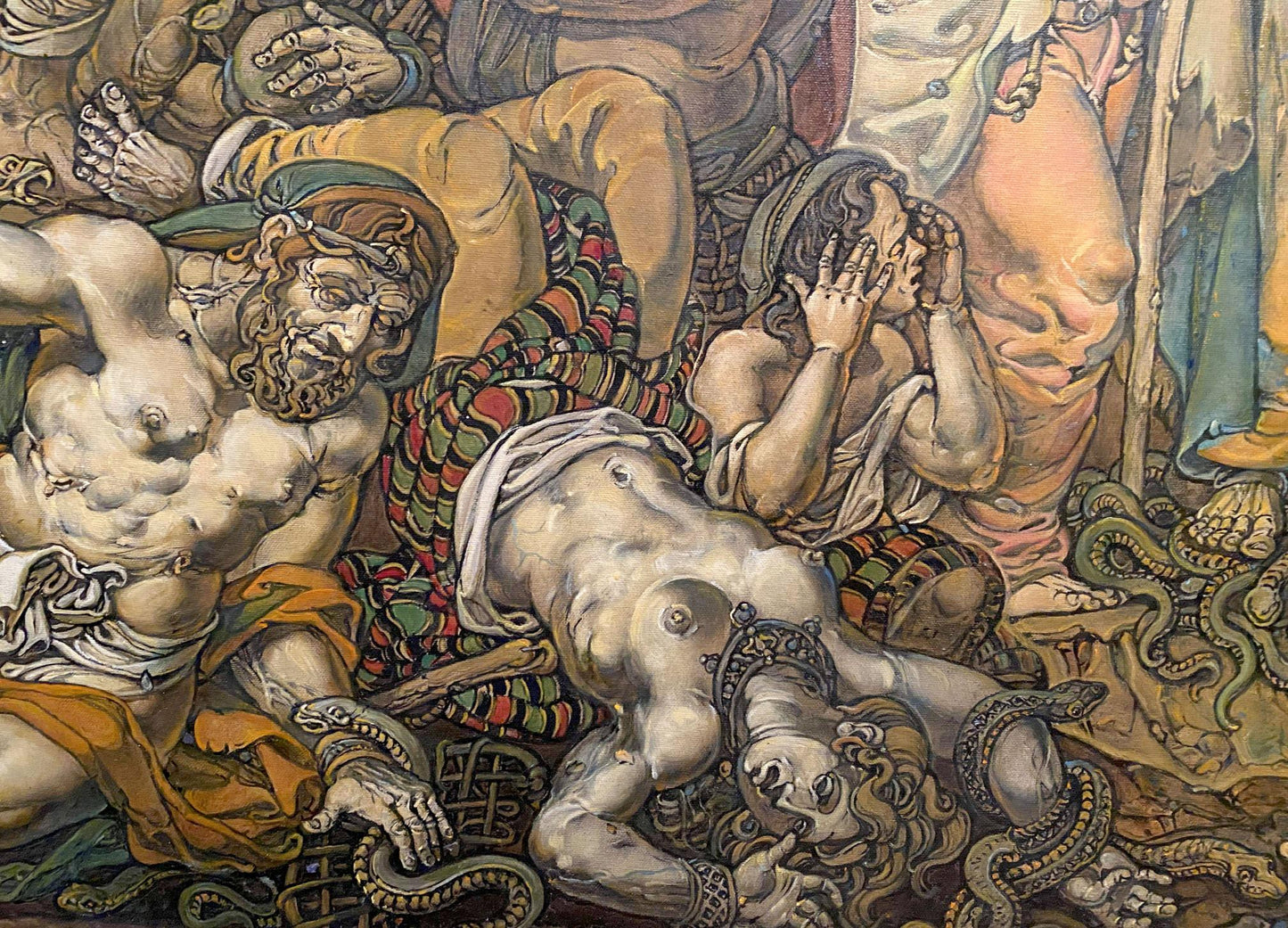 Oil painting Brazen Serpent by Litvinov Oleg Arkad’yevich, muscular bearded man with tattoos