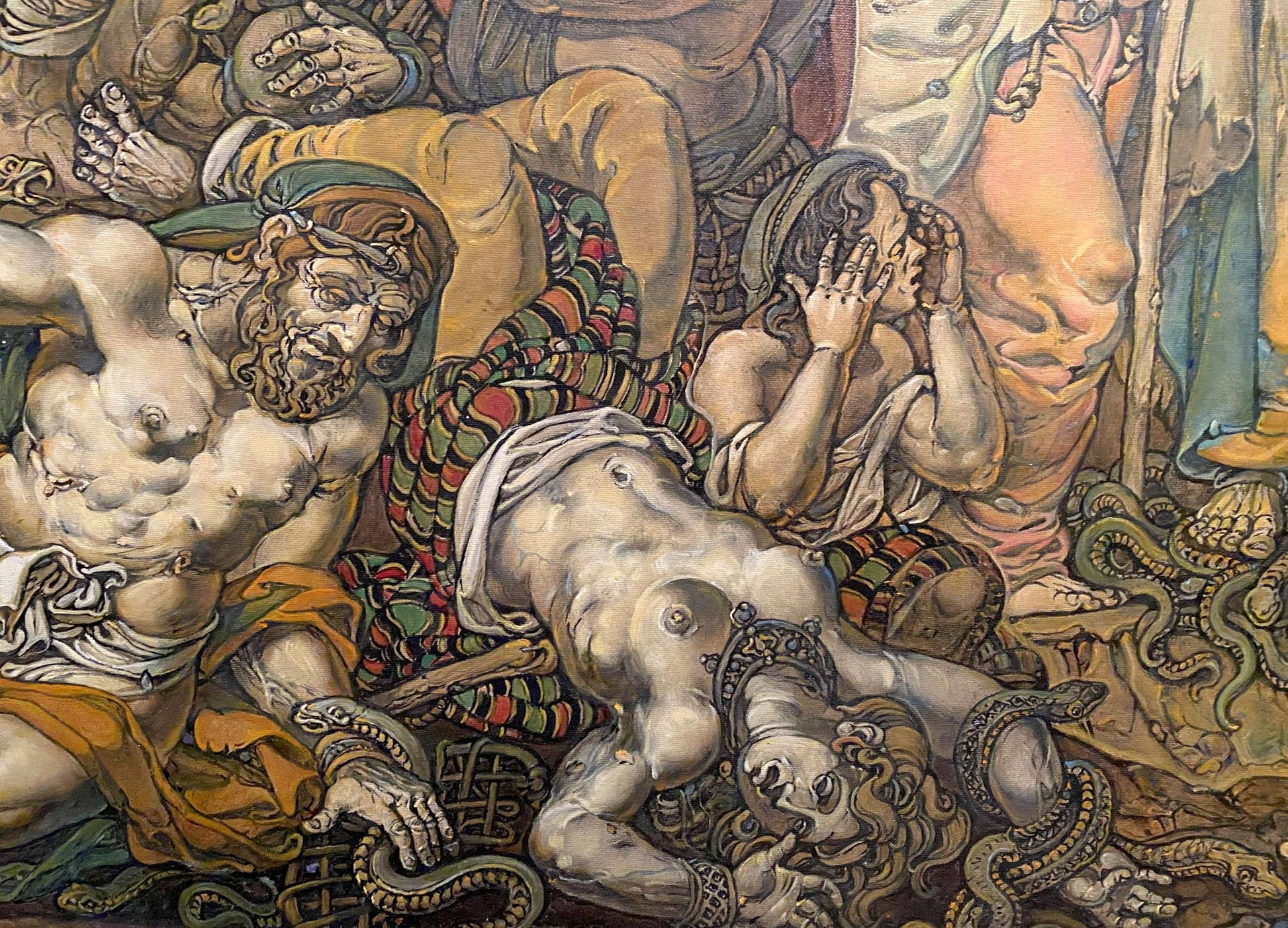 Oil painting Brazen Serpent by Litvinov Oleg Arkad’yevich, muscular bearded man with tattoos
