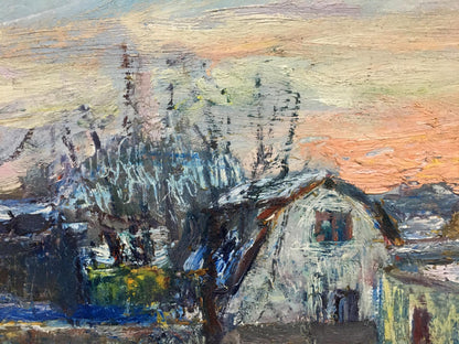 Impressionistic oil painting of rustic snowy street house by Gantman Moses Faybovich