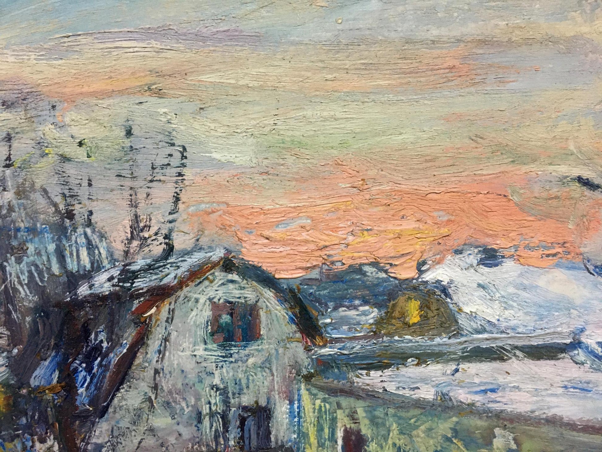 Oil painting of snowy street by Gantman Moses Faybovich, textured blues and whites