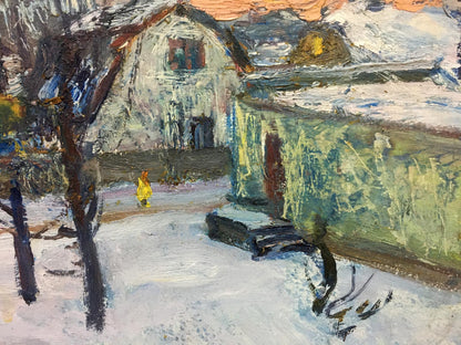 Oil painting Snowy street by Gantman Moses Faybovich, textured winter barn