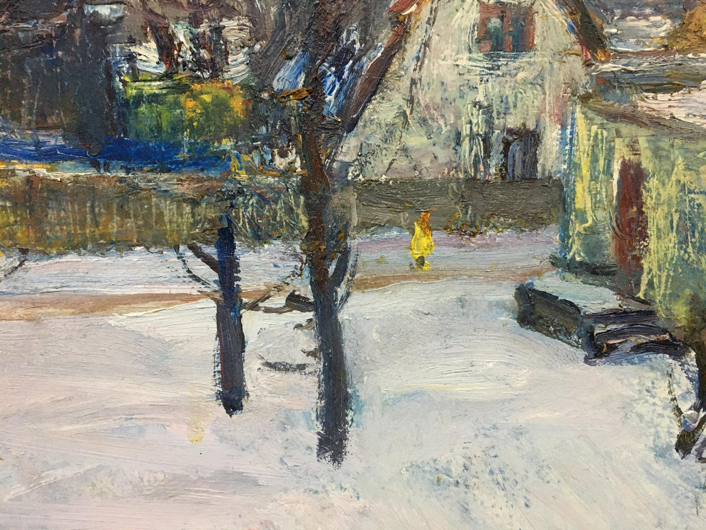 Vibrant yellow figure in snowy impressionistic street by Gantman Moses Faybovich oil painting