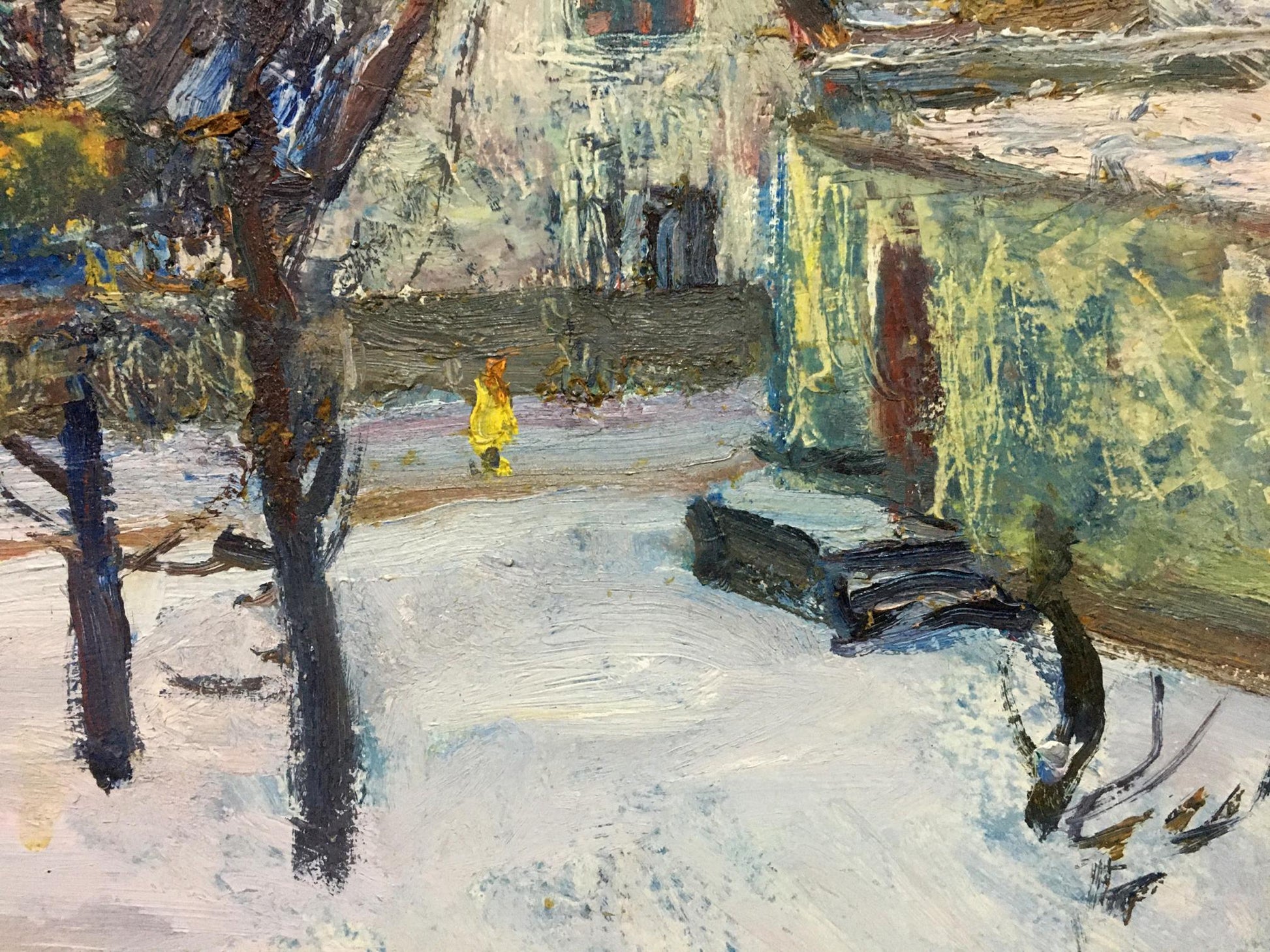 Oil painting Snowy street by Gantman Moses Faybovich: vibrant yellow figure in snowy landscape
