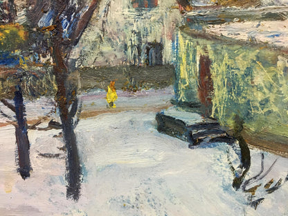 Oil painting Snowy street by Gantman Moses Faybovich: vibrant yellow figure in snowy landscape