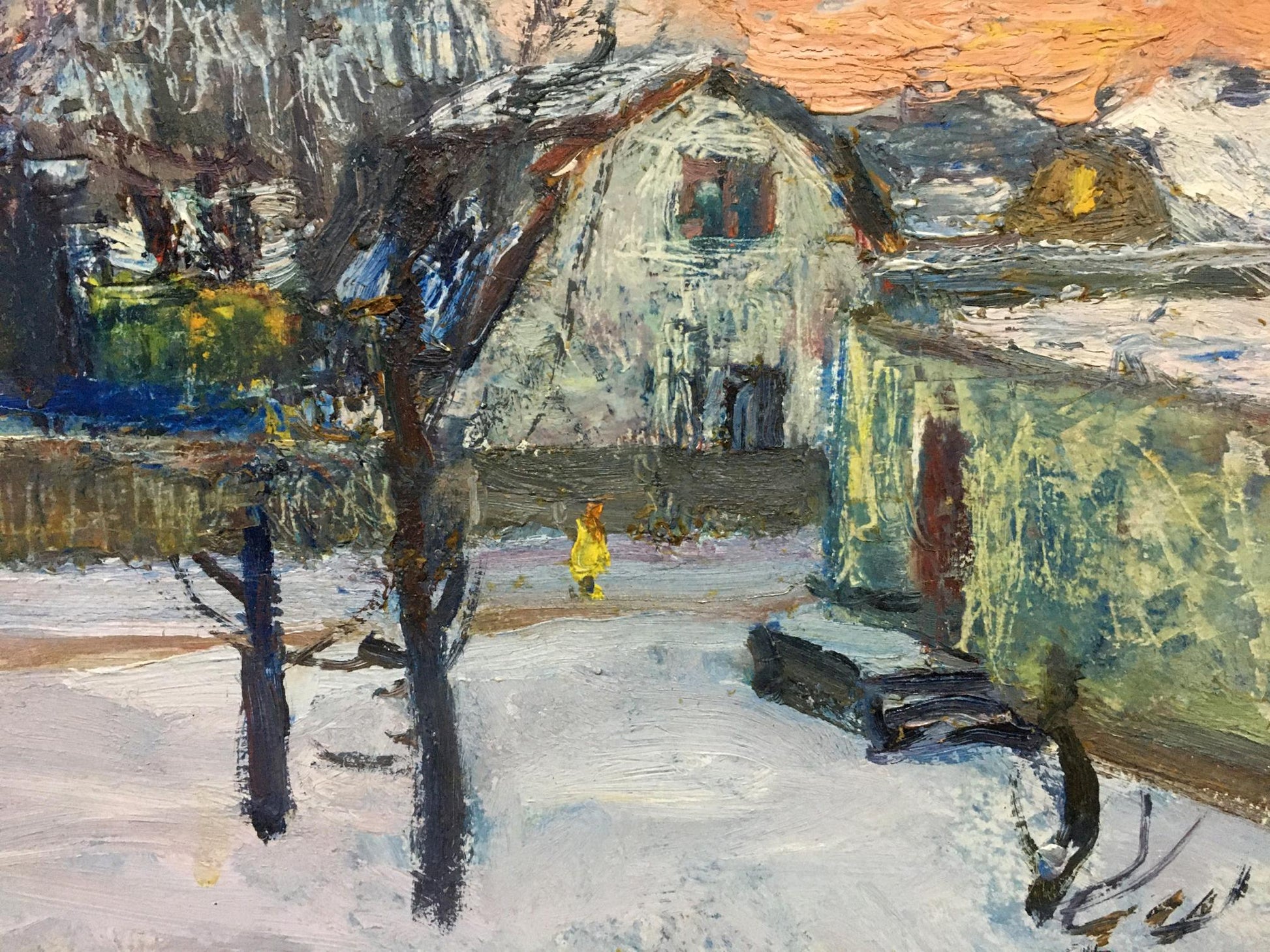 Oil painting of snowy street by Gantman Moses Faybovich, textured brushstrokes