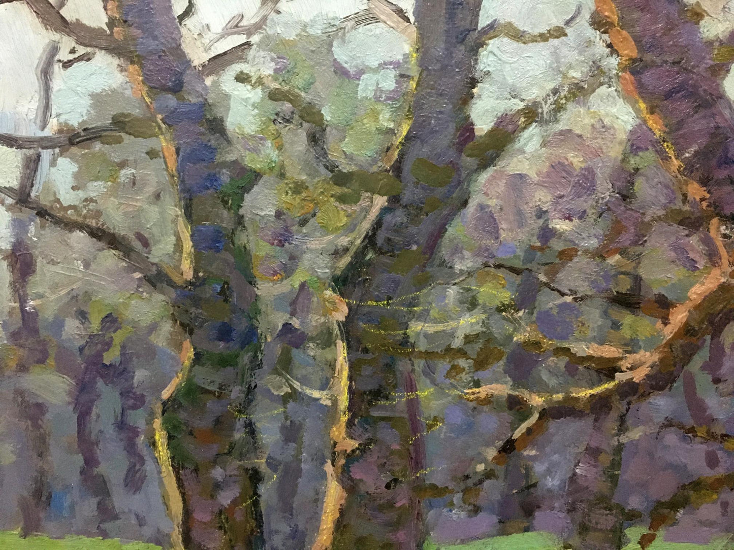 Textured impressionist oil painting of forest running path with tree trunks in muted purples, greens, and browns by unknown artist