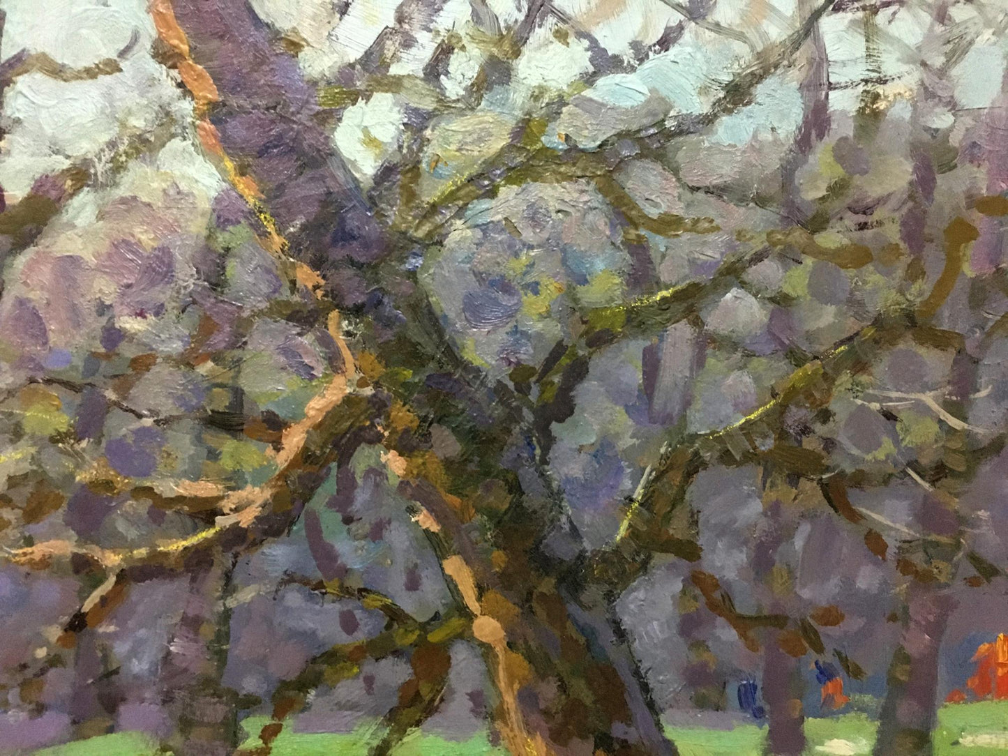 Oil painting of running path in forest with purple blossomed tree