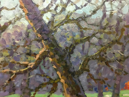 Oil painting of running path in forest with purple blossomed tree