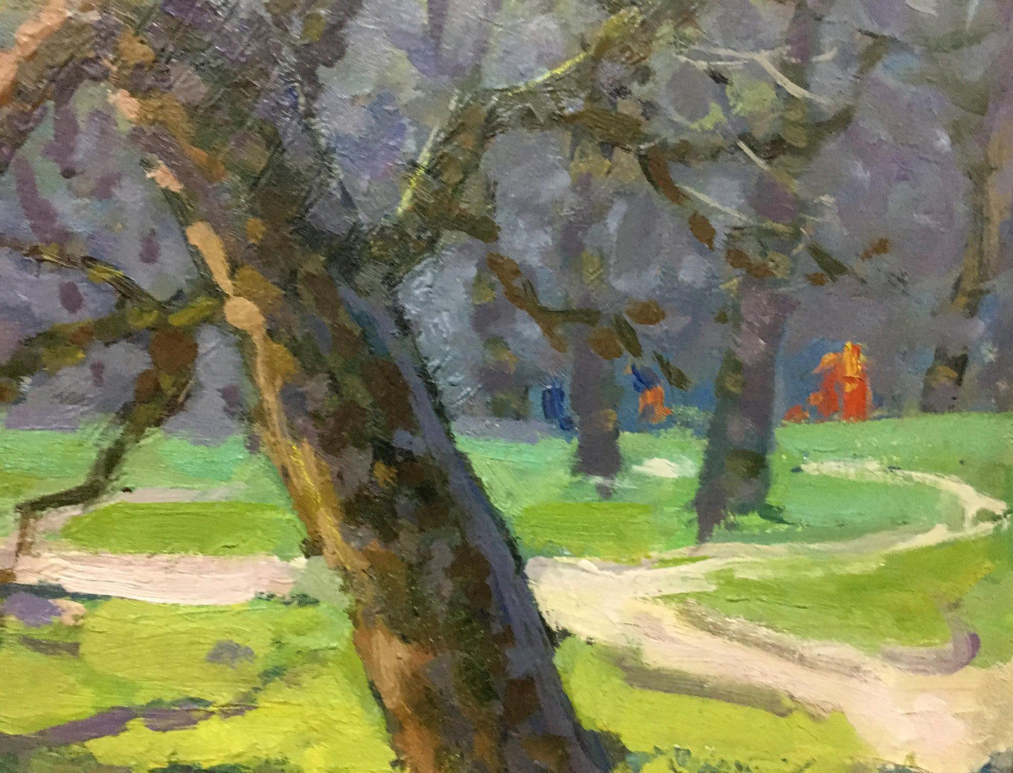 Oil painting of earthy-brown tree trunk on forest running path
