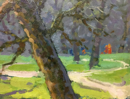 Oil painting of earthy-brown tree trunk on forest running path