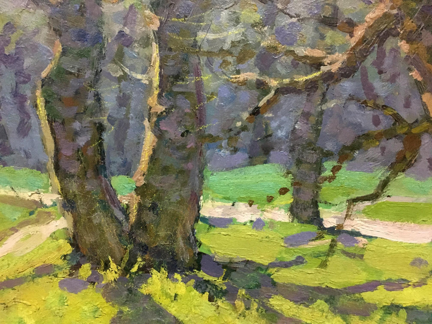 Oil painting of running path in forest with textured tree trunks and dappled grass