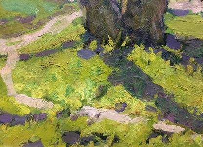 Oil painting of textured tree trunk on forest running path