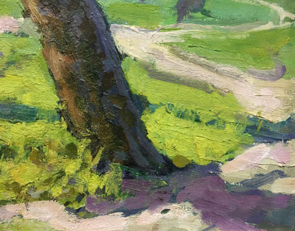 Oil painting of textured brown tree trunk in vibrant green purple forest path