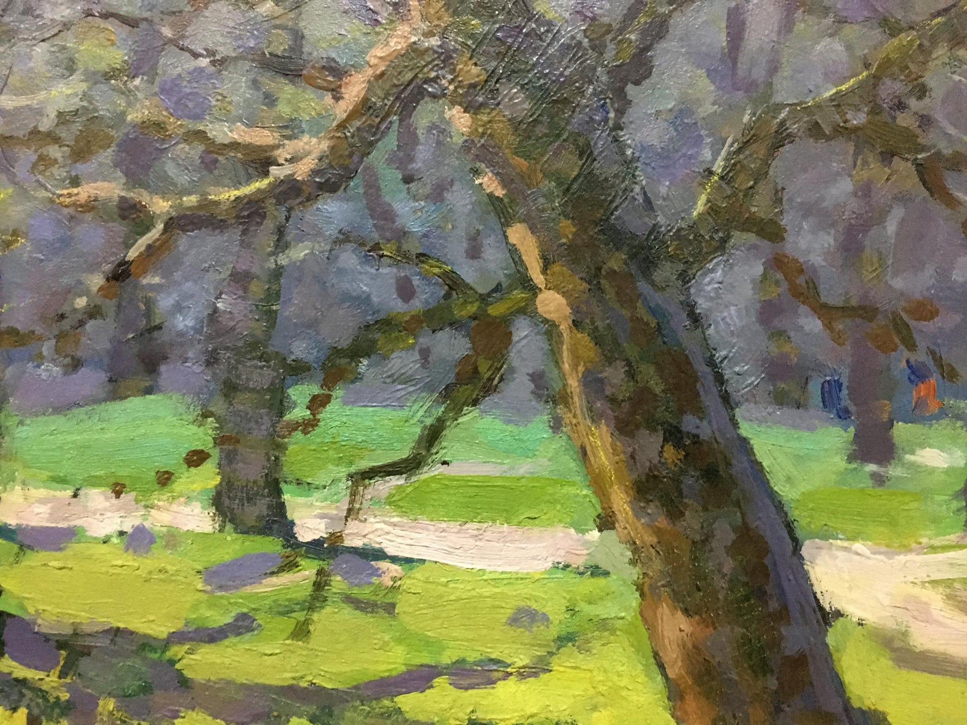 Oil painting of running path in forest with gnarled trees, earthy tones