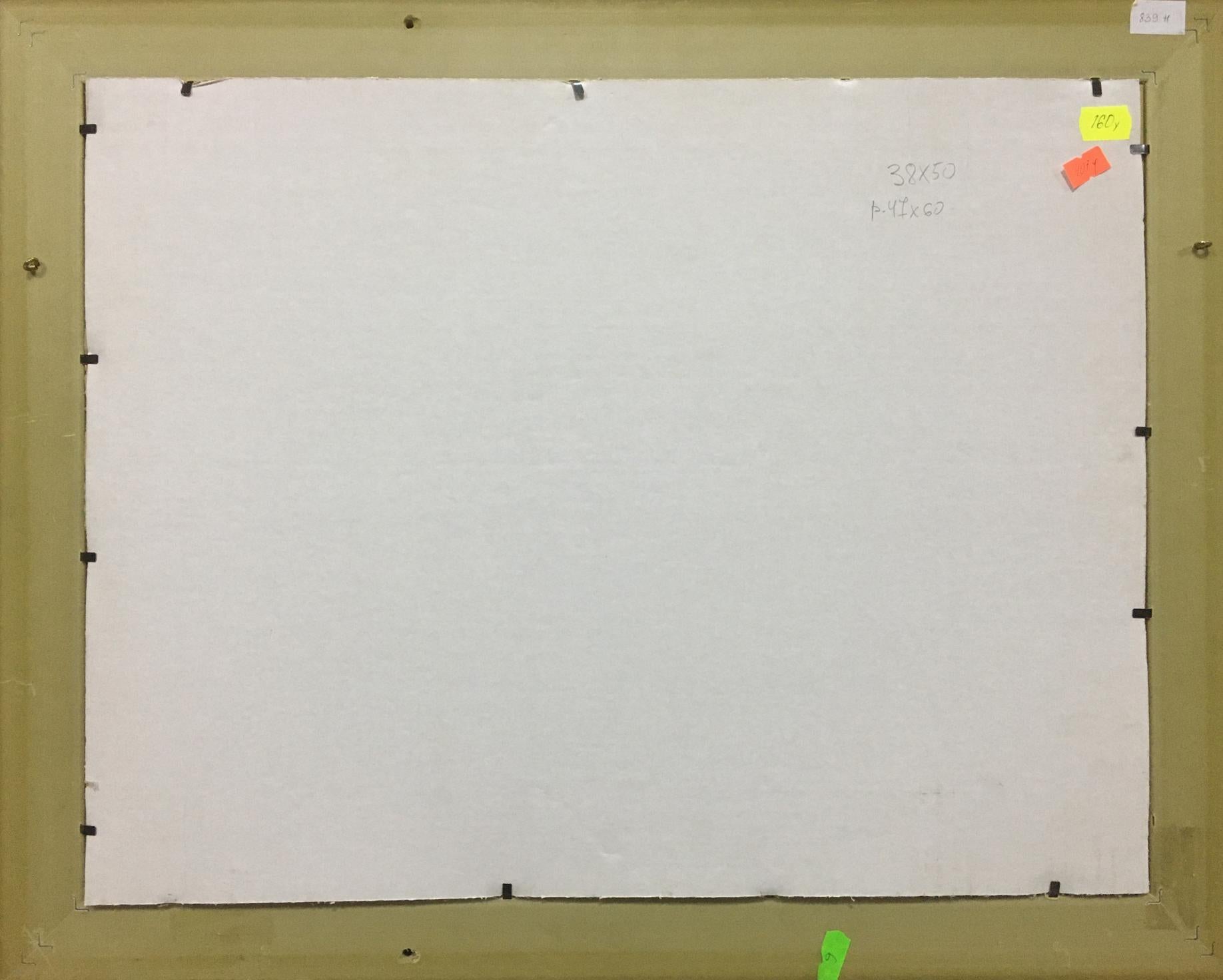 White dry-erase board with light green frame in forest path oil painting