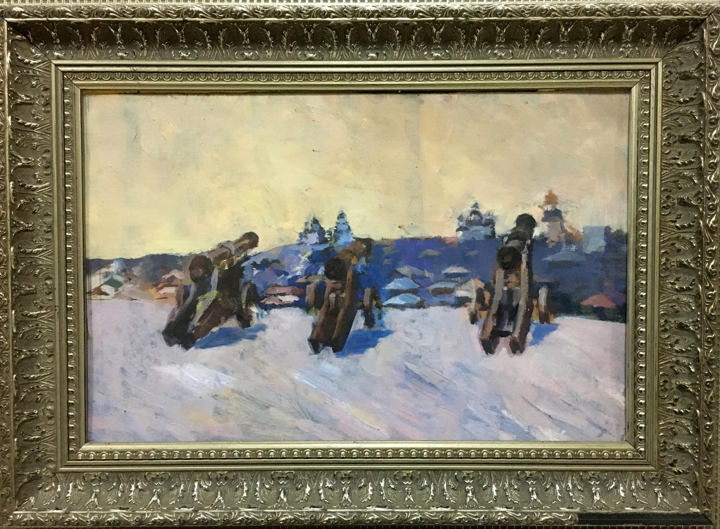 Oil painting of Central Park snowy landscape with sleds in ornate gold frame