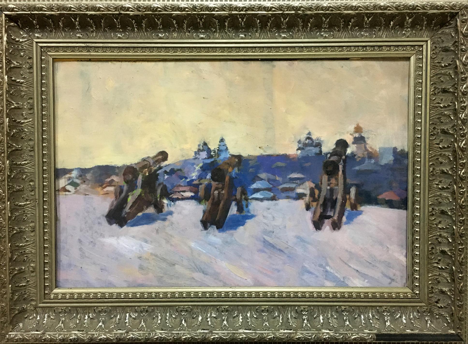 Oil painting of Central Park snowy landscape with sleds in ornate gold frame