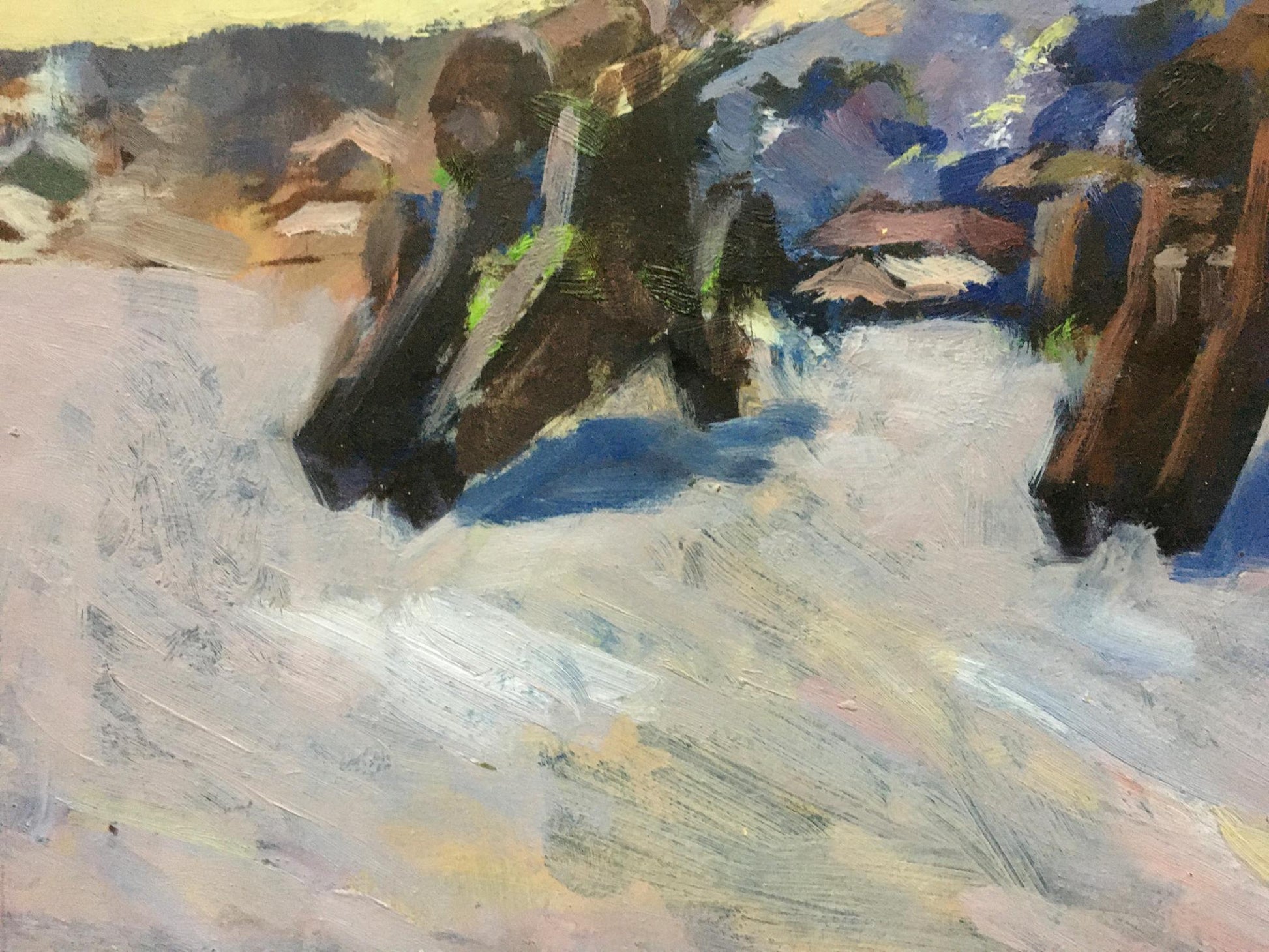 Abstract expressionist oil painting of Central Park with bold white, gray, blue strokes
