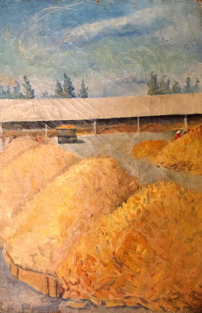 Golden hay bales piled high under cloudy sky oil painting