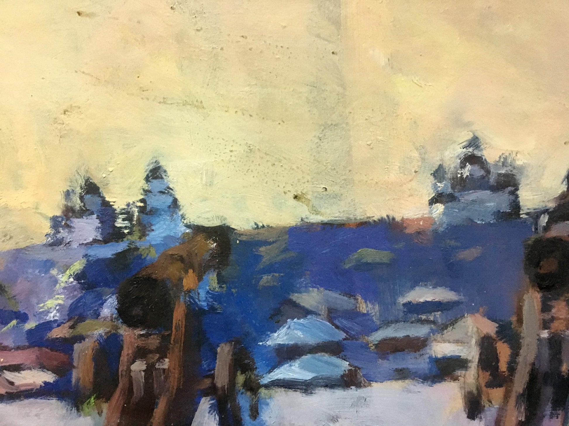 Oil painting of Central Park with bold blue brown brushstrokes on textured pale yellow sky