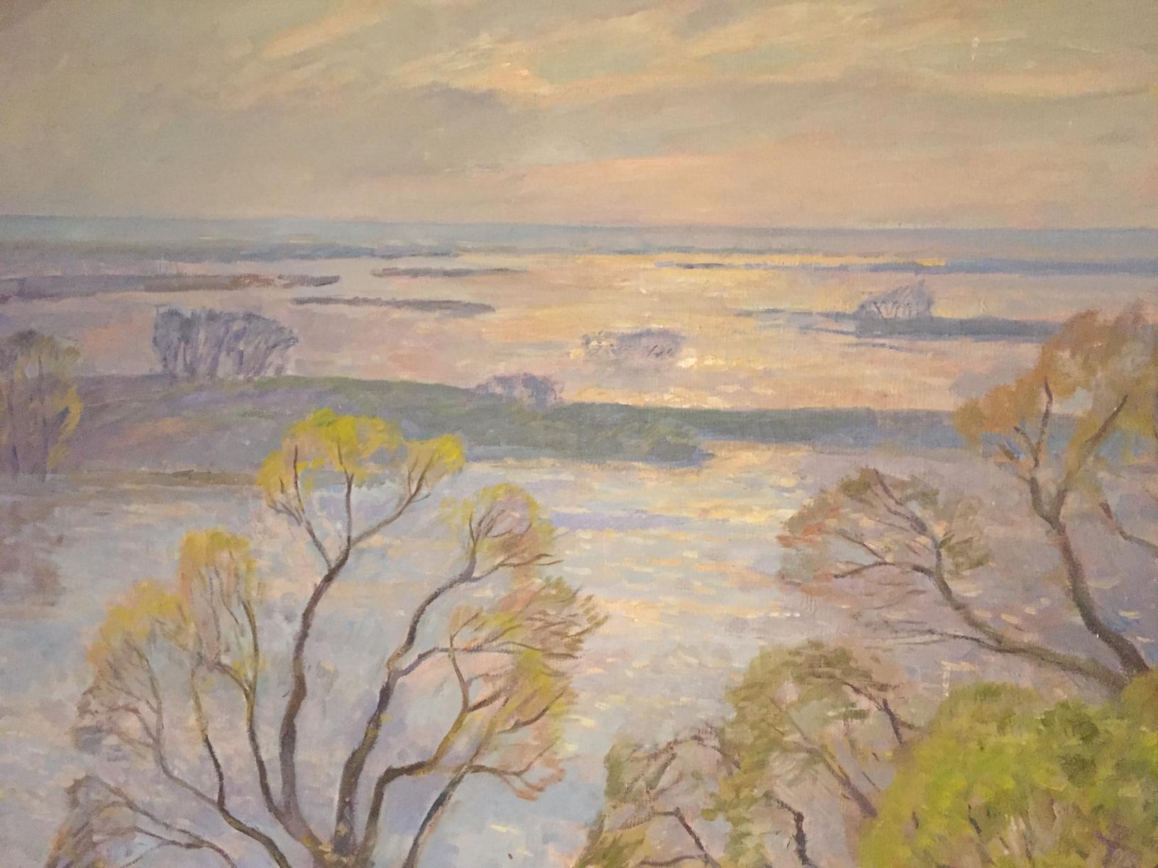 Oil painting Flood by Rapoport Boris Naumovich: serene waterway, autumn trees