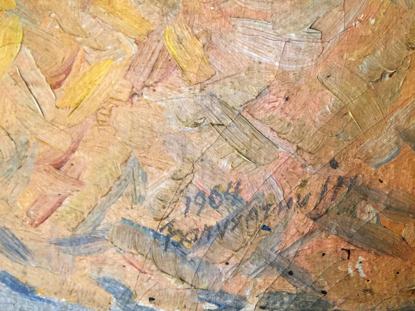 Oil painting Warehouses with bold textured ochre yellow tones and blue gray accents