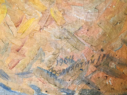 Oil painting Warehouses with bold textured ochre yellow tones and blue gray accents