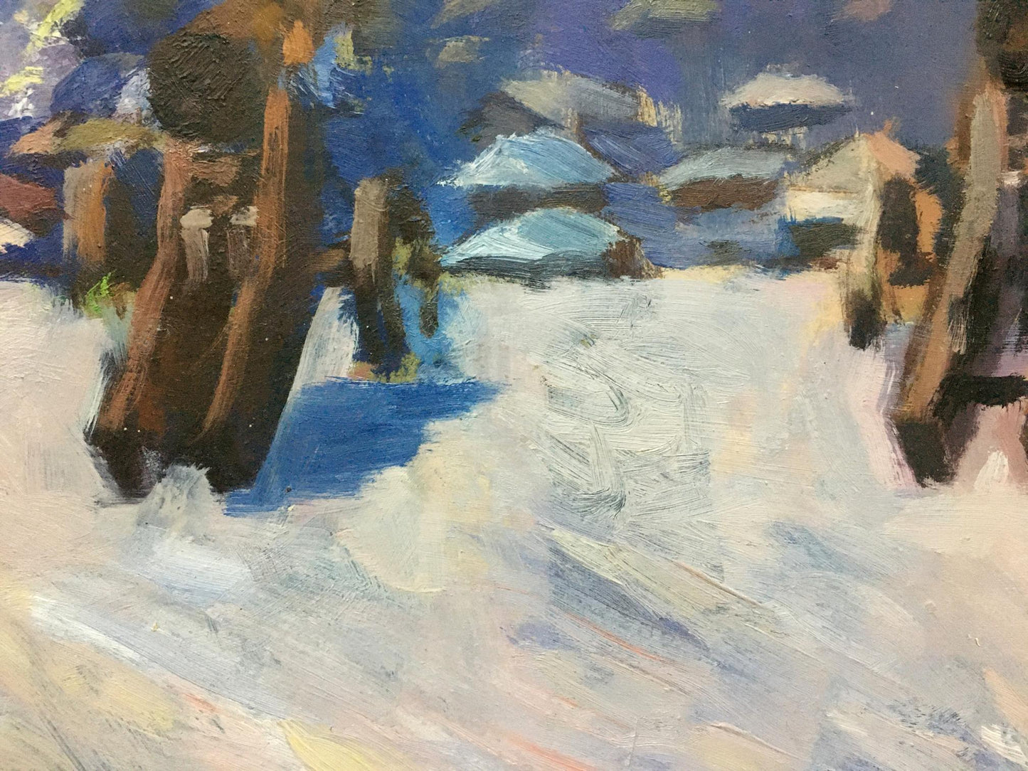Abstract snowy Central Park oil painting with textured white blue brown brushstrokes