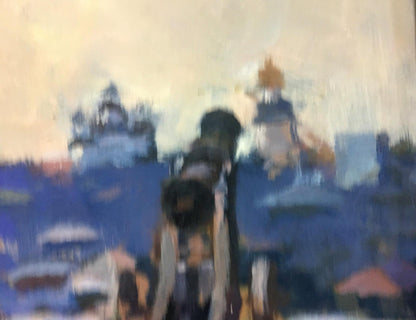 Blurry impressionistic oil painting of Central Park cityscape with blue gold domes