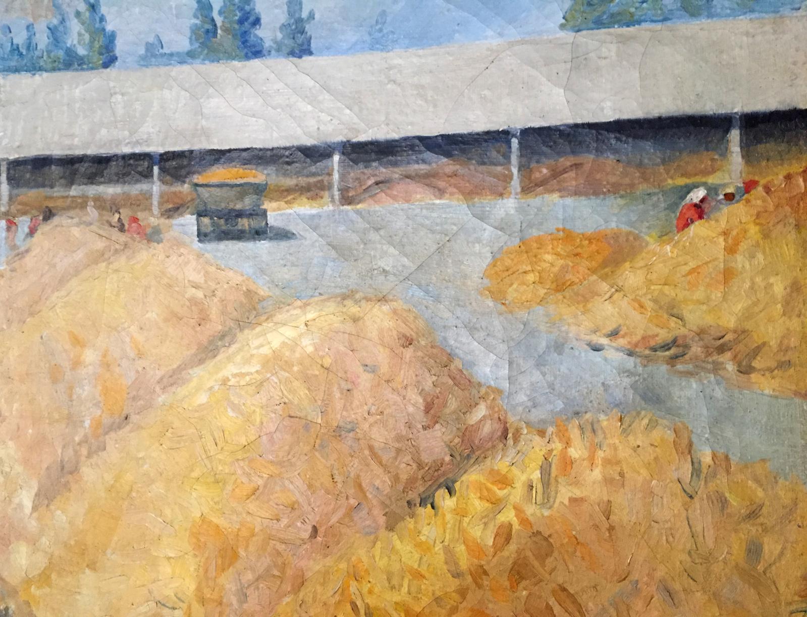 Oil painting of Warehouses: textured hay piles, trees under pale blue sky