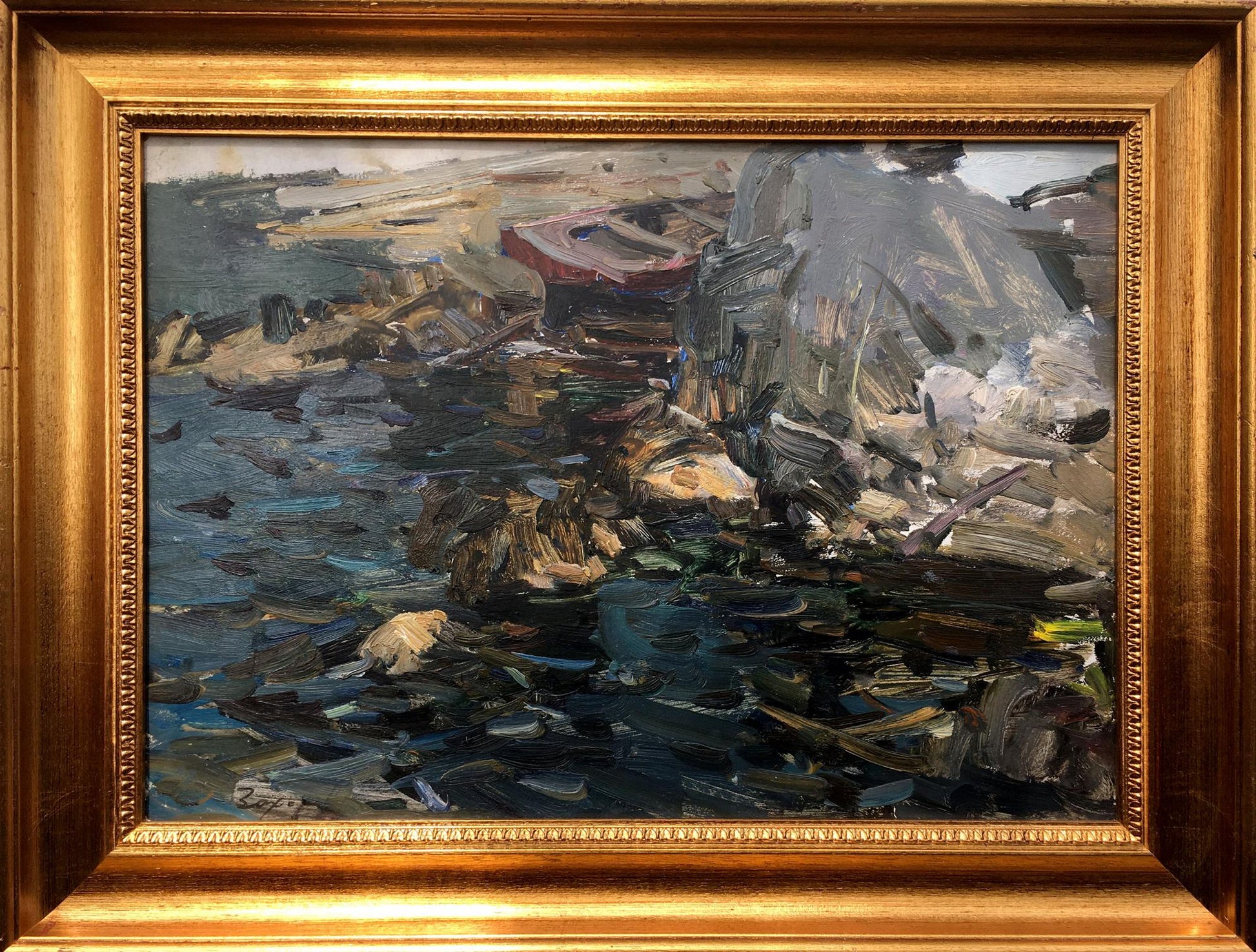 Oil painting Reeds by Zakharov Fedor Zakharovich, coastal scene in gilded frame